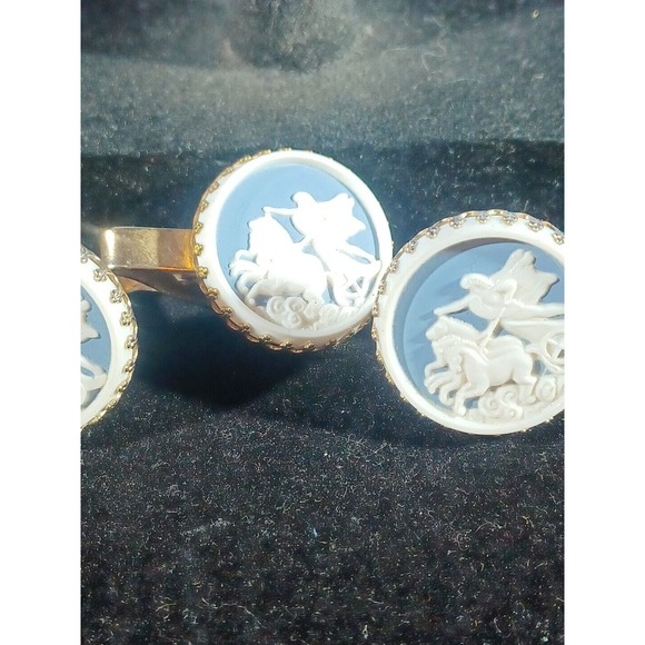 Vintage Cameo Trojan War Cufflinks & Tie clip Blue and White Horses - Picture 3 of 12